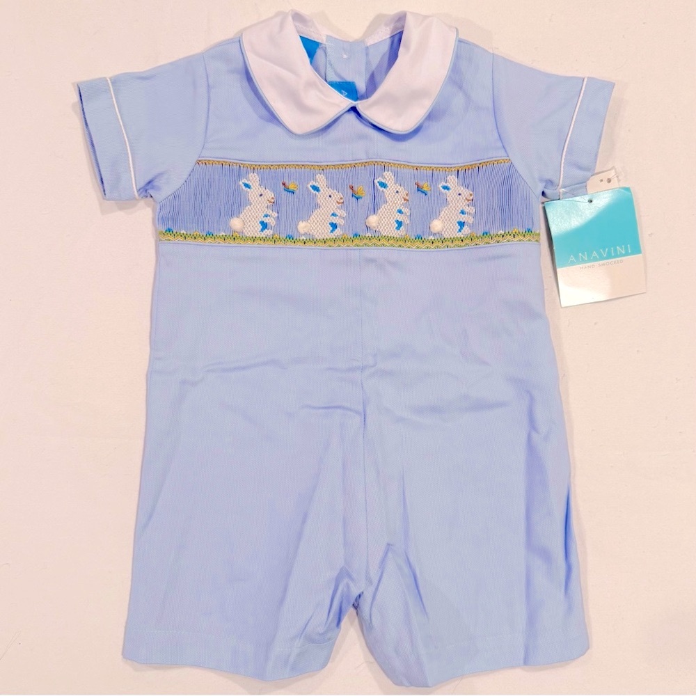 New Anavini Smocked Romper Boys 9M Bunnies Embroidered Peter Pan Collar Easter
